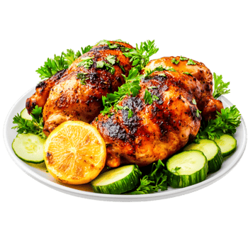 Grilled Chicken with Fresh Lemnd Herbs on White Plate Surrounded by Fresh Vegetables png