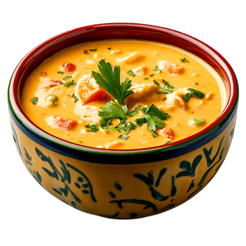 Delicious and Creamy Vegetable Soup in Colorful Bowl with Fresh Herbs and Spices png