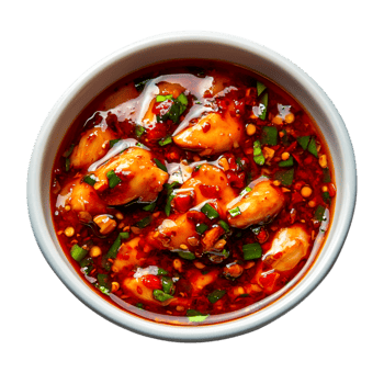 Spicy Chicken in Chili Sauce with Fresh Vegetables and Herbs in Bowl png