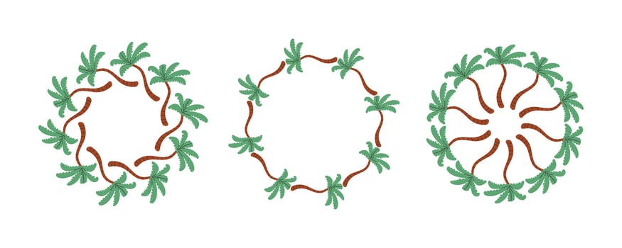 Set of round frames made of tropical palms. Simple natural leaf design. decoration template for cards, wedding invitations and birthday vector