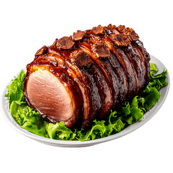 Savory Glazed Pork Roast on Fresh Green Lettuce Displayed on White Plate png