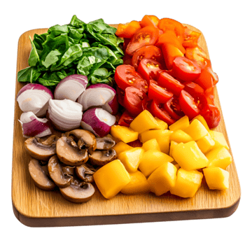 Freshly Cut Colorful Vegetables on Wooden Cutting Board for Healthy Meals Preparation png