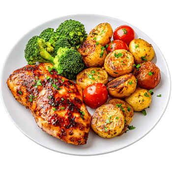Grilled Chicken Breast with Roasted Potatoes and Mixed Vegetables on Plate png