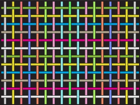 A colorful woven pattern composed of horizontal and vertical lines forming a symmetrical grid on a black background vector