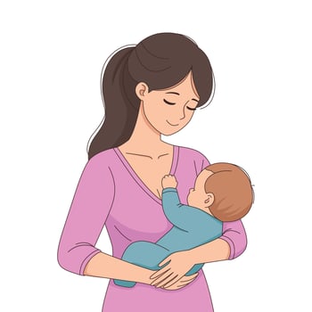 Breastfeeding mom with new born baby, carton illustration vector