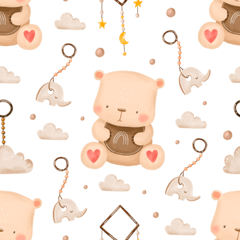 Teddy bear and baby garland. Gender neutral seamless pattern . Boho kids nursery endless watercolor background png
