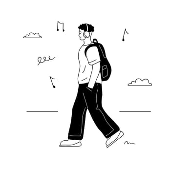A lonely young man is wearing headphones and listening to music. Leisure zoomer. A black and white hand-drawn doodle illustration. vector