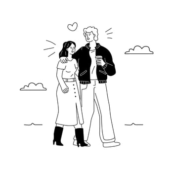 A young couple of students is hugging and happily chatting. A man and a woman are walking together. Linear doodle black and white illustration vector