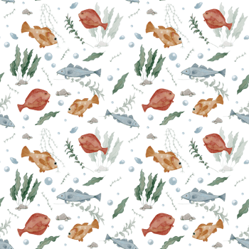 seamless watercolor sea pattern , fish and algae no background png