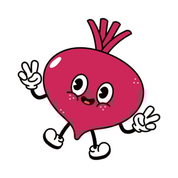 This cute Beetroot character is making a peace sign while smiling happily. vector