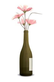Pink flowers in the old green bottle of liquor isolated on white background graphic illustration. vector