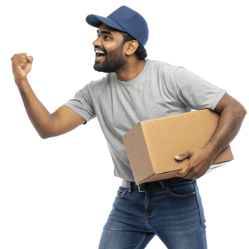A man in a blue shirt and hat holding a box png