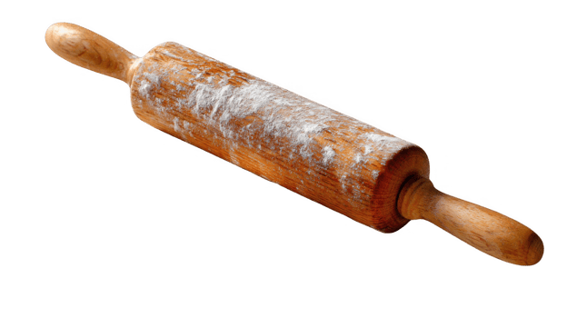 Wooden rolling pin covered with flour on transparent background png