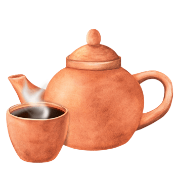 Watercolor terracotta clay teapot and tea cup full of hot tea. Oriental tea ceremony clipart. Hand-drawn watercolor illustration isolated. For postcards, menu, invitation design png