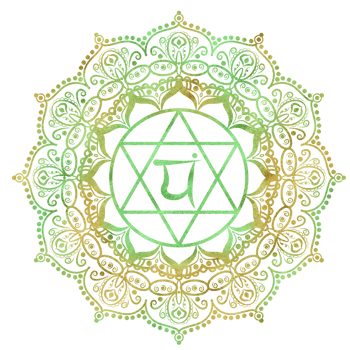 Heart chakra Anahata of golden green color with elegant mandala pattern and Sanskrit letters in the center. Energy balance. Hand-drawn watercolor illustration. Ethnic Indian pattern png