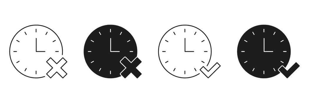 Clock With Check And Cross Line And Solid Icon Set. Time Management, Task Completion, And Deadline Evaluation Symbol Collection. Efficient Scheduling And Planning. Isolated Illustration vector