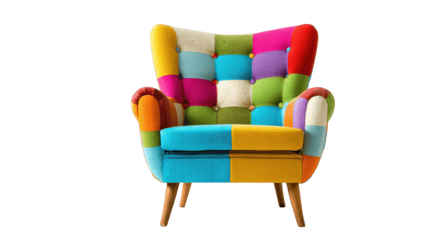 Colorful patchwork armchair showing bold blocks of color on transparent background png