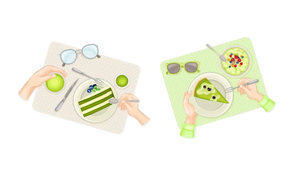 View from above of female hands and delicious matcha tea desserts set illustration vector