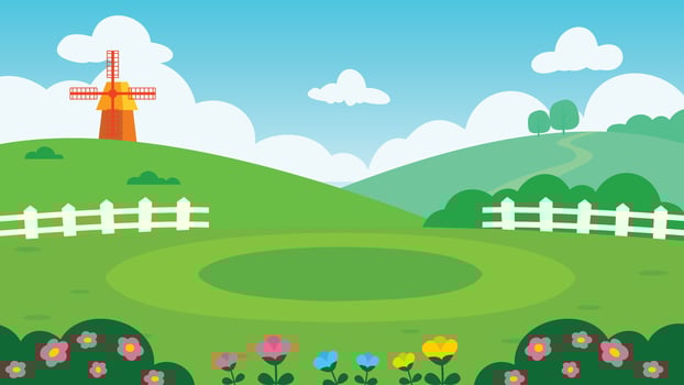 A Whimsical Cartoon Landscape with a Windmill and Rolling Hills vector