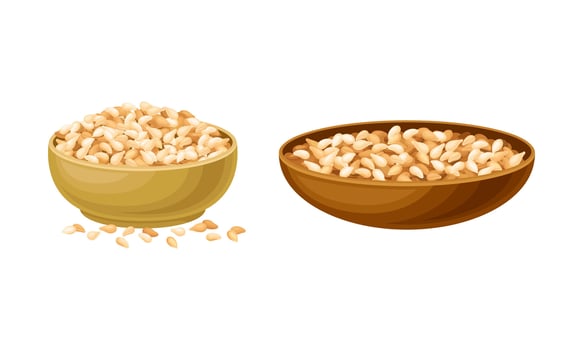 Cereal grains set. Wooden bowls of wheat, barley or rye grains illustration vector