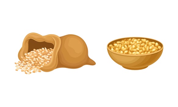 Cereal grains set. Wooden bowl and sack of wheat, barley or rye grains illustration vector