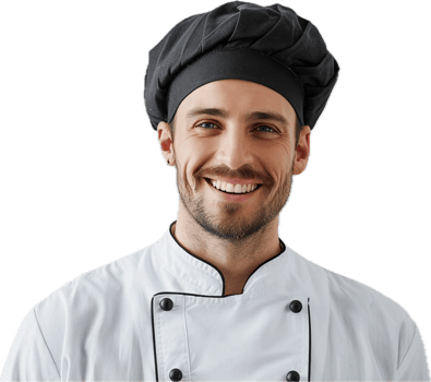 Smiling chef in uniform with hat showcasing culinary passion and joy png