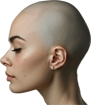 Side Profile Portrait of Woman with Shaved Head and Natural Makeup png