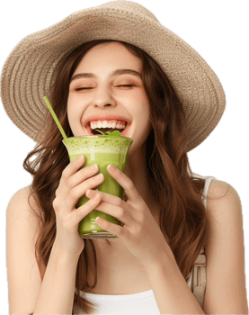 Joyful young woman enjoying refreshing green smoothie drink png