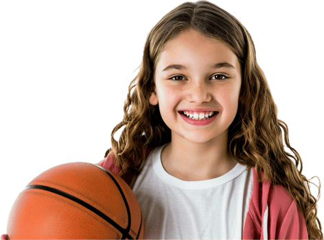 Joyful Girl Holding Basketball Smiling Brightly in Casual Attire png