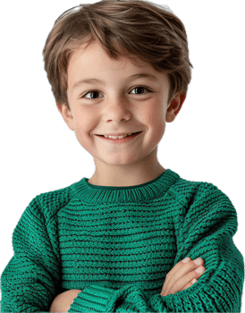 Happy young boy in green sweater with charming smile and crossed arms png