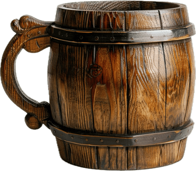 Rustic Wooden Barrel Mug with Intricate Carvings and Details png