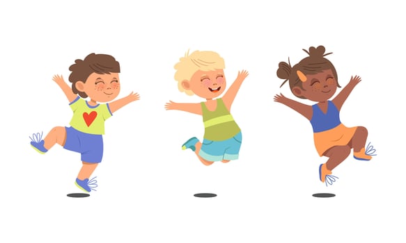 Happy kids dancing and jumping set. Energetic little children having fun cartoon illustration vector