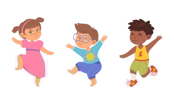 Happy kids dancing set. Energetic little children in motion cartoon illustration vector