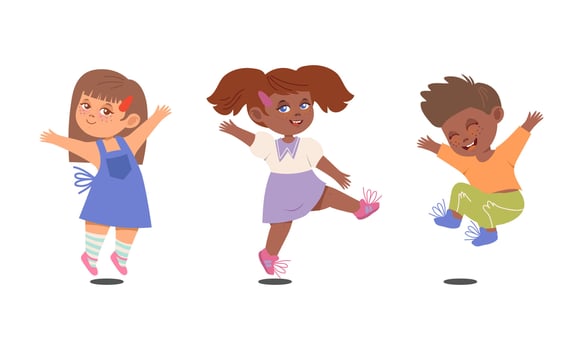 Smiling kids dancing set. Happy energetic children in motion cartoon illustration vector