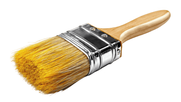 Paint brush with wooden handle and yellow bristles on transparent background png