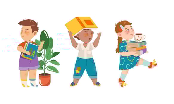 Cute kids holding books set. Young literature fans. Preschool activities and childhood education cartoon illustration vector