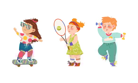 Cute kids doing sports set. Children skateboarding, playing tennis and exercising with dumbbells. Physical activity and healthy lifestyle cartoon illustration vector