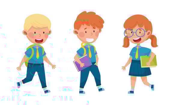 Cute kids in blue school uniform set. Smiling pupils going to school with backpacks and books cartoon illustration vector