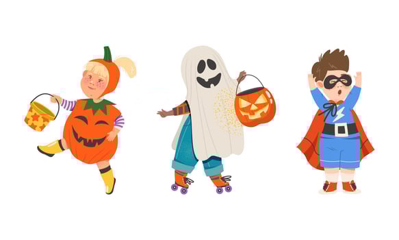 Kids in halloween costumes set. Cute children dressed as pumpkin, ghost and superhero cartoon illustration vector