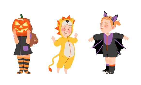 Kids in halloween costumes set. Cute children dressed as scary pumpkin, lion and bat cartoon illustration vector