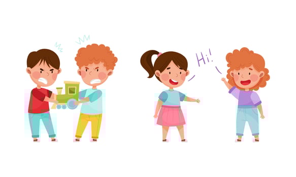 Cute kids playing together set. Little boys arguing over toys, girls greeting each other cartoon illustration vector