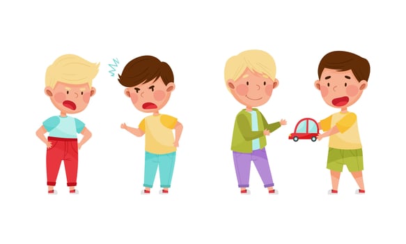 Little boys arguing over toy and playing together set cartoon illustration vector