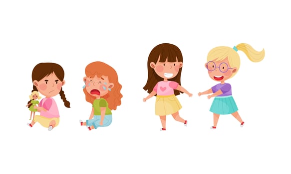 Adorable girls playing together and arguing over toy doll cartoon illustration vector