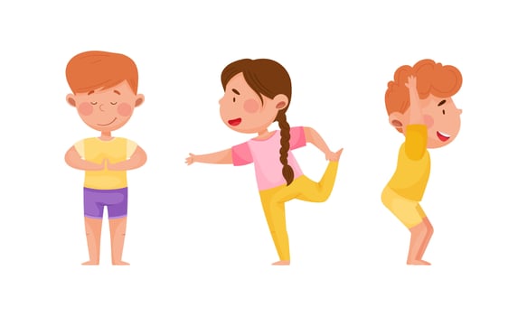 Kids doing yoga in different yoga poses set cartoon illustration vector