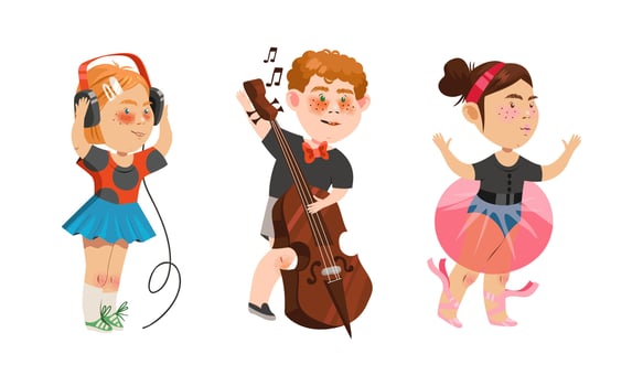 Set of kids creative hobbies. Children listening music, dancing and playing cello cartoon illustration vector