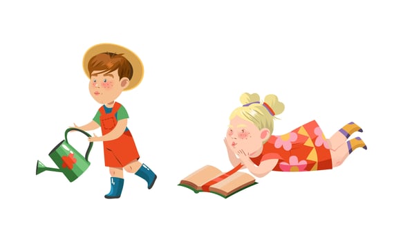 Set of kids hobbies. Children watering plants and reading book cartoon illustration vector