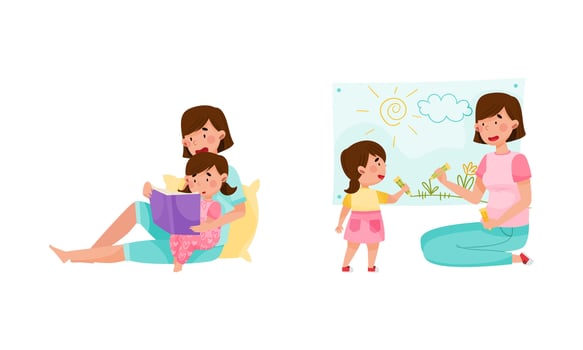 Mom and daughter spending time together set, They are reading book and painting cartoon illustration vector