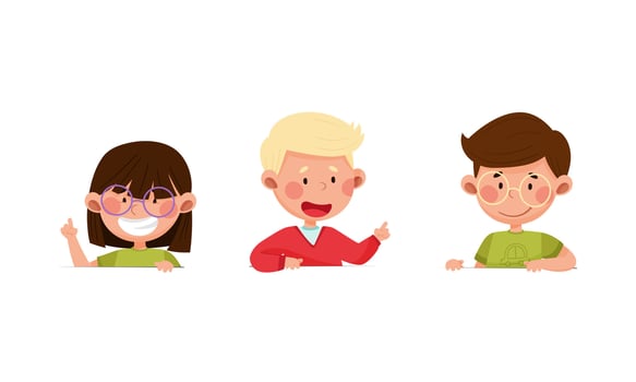 Smiling kids peeking out from wall with copy space or looking over blank sign board cartoon illustration vector