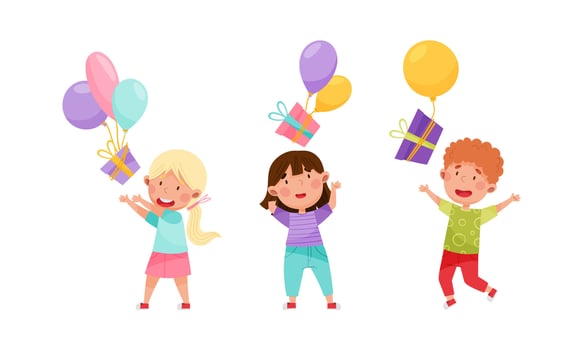Set of happy kids holding balloons of different colors cartoon illustration vector