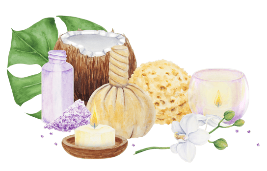 Tropical spa and bathroom accessories. Watercolor hand drawn illustration for spa salon and wellness center. salt, sponge, massage bag, bottle, candle. Clipart for fashion, beauty, cosmetics prints png